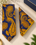 Navy Blue & Mustard Paisley Microsilk Tie & Pocket Square Set