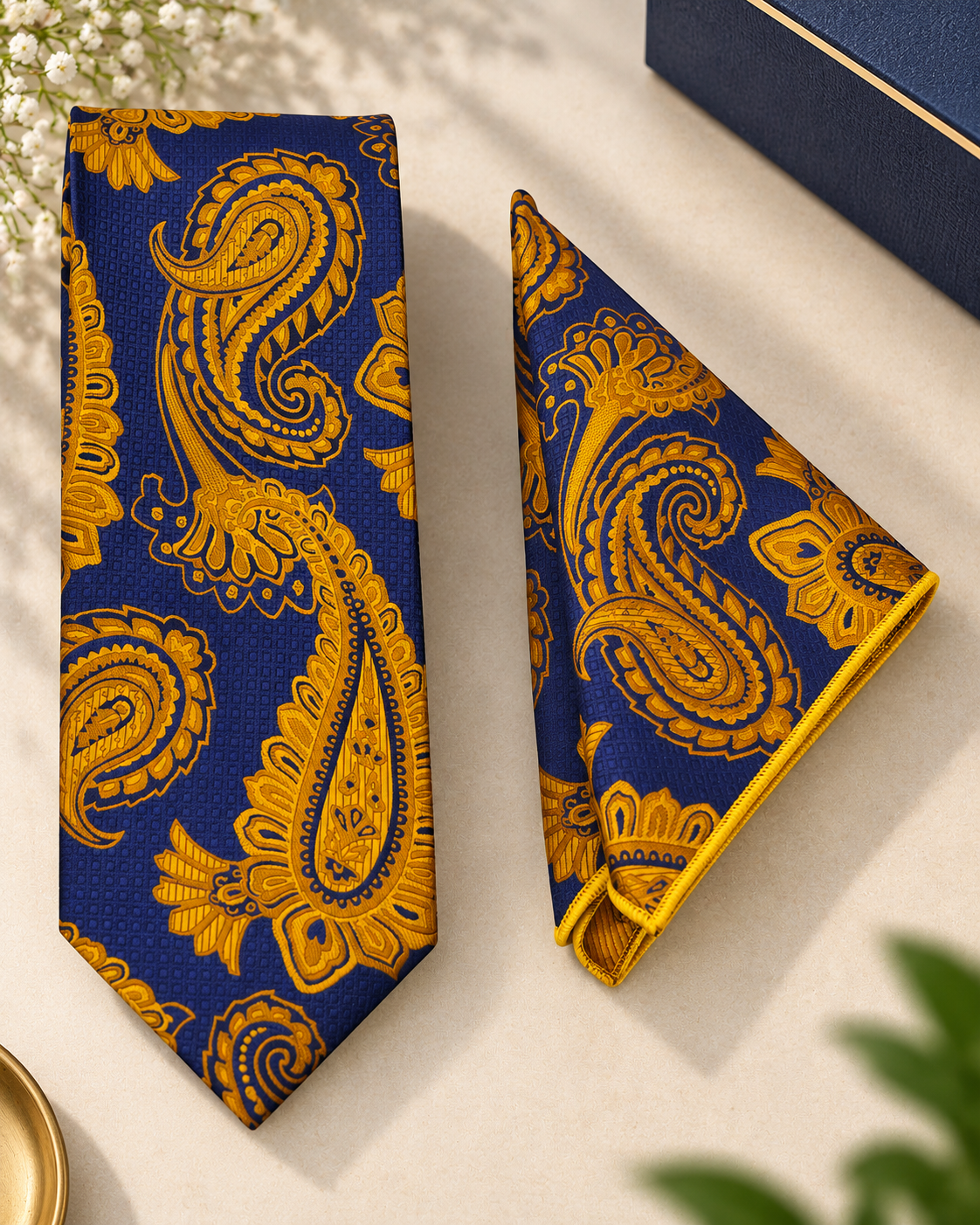 Navy Blue & Mustard Paisley Microsilk Tie & Pocket Square Set