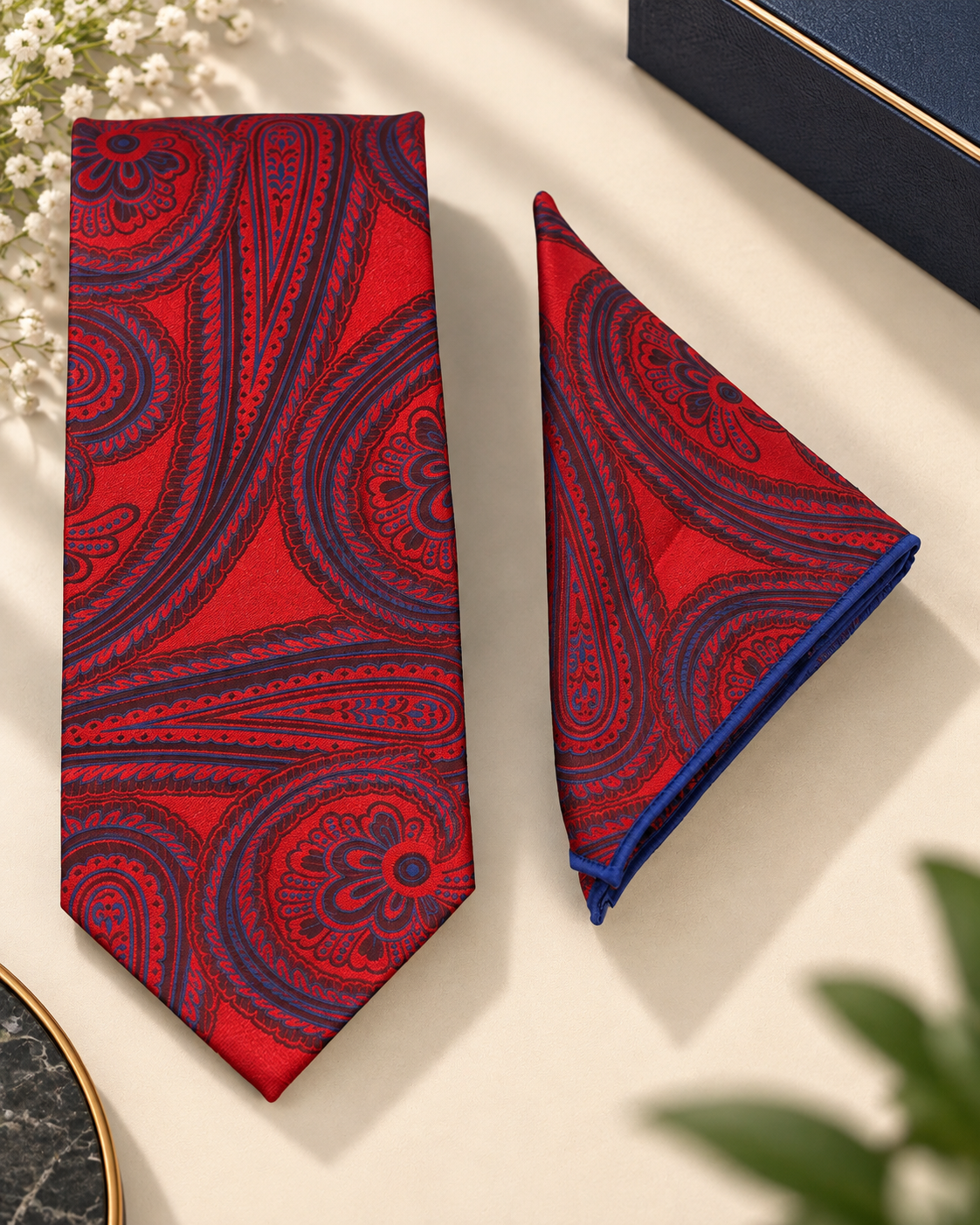 Red & Blue Paisley Microsilk Tie & Pocket Square Set
