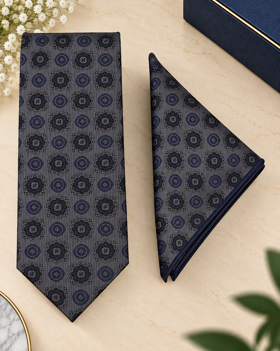Dark Grey Geometric Microsilk Tie & Pocket Square Set