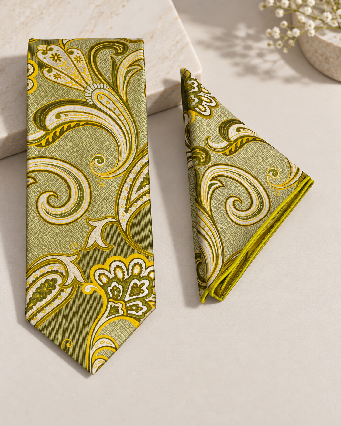 Olive Green Paisley Microsilk Tie & Pocket Square Set