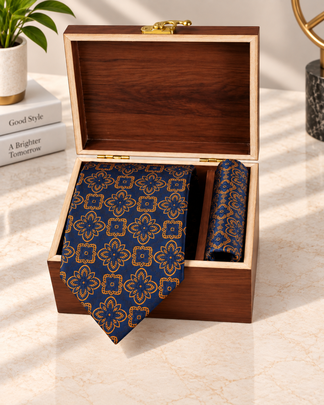 Navy Blue & Gold Geometric Microsilk Tie & Pocket Square Set