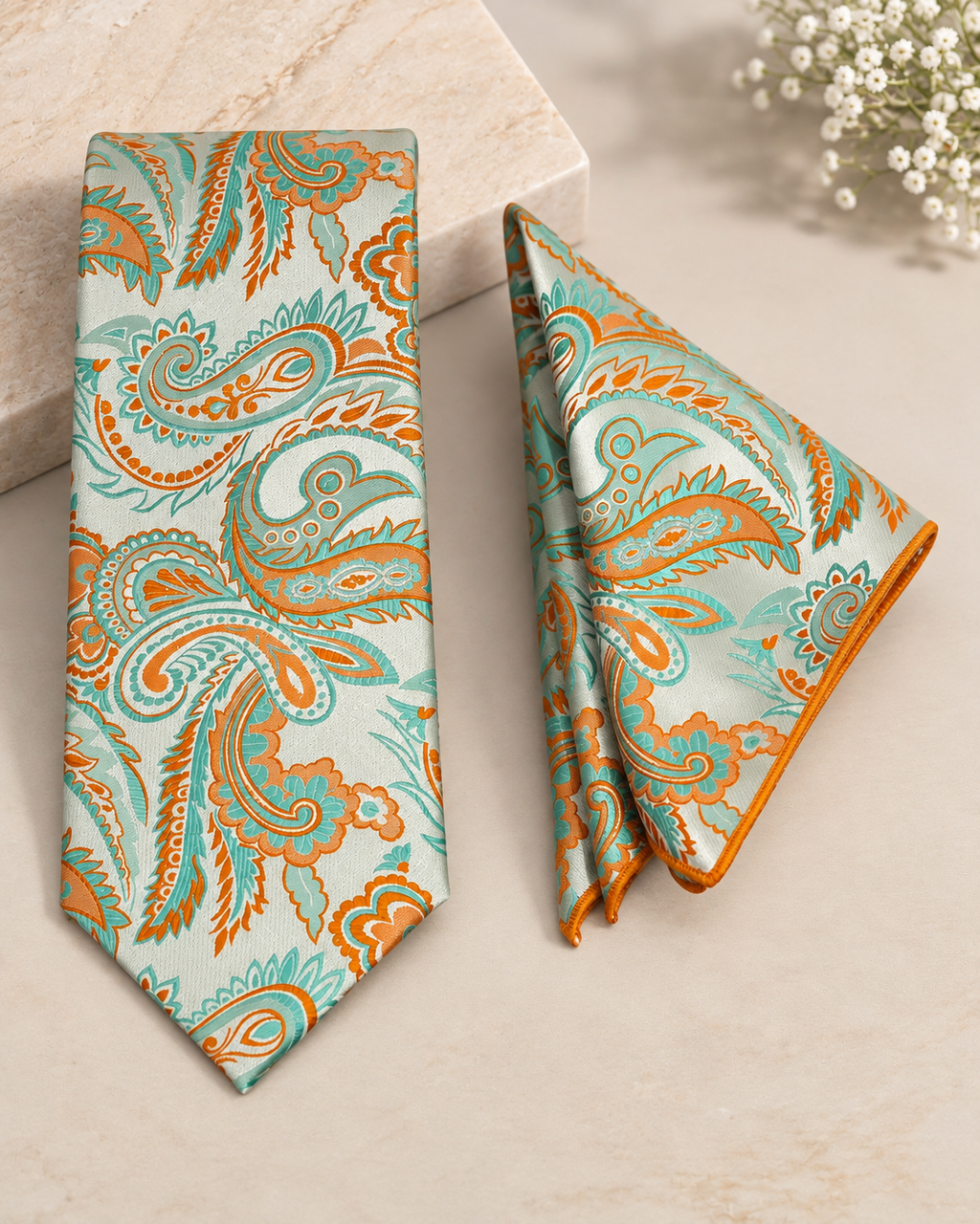Sage Green & Burnt Orange Paisley Microsilk Tie & Pocket Square Set