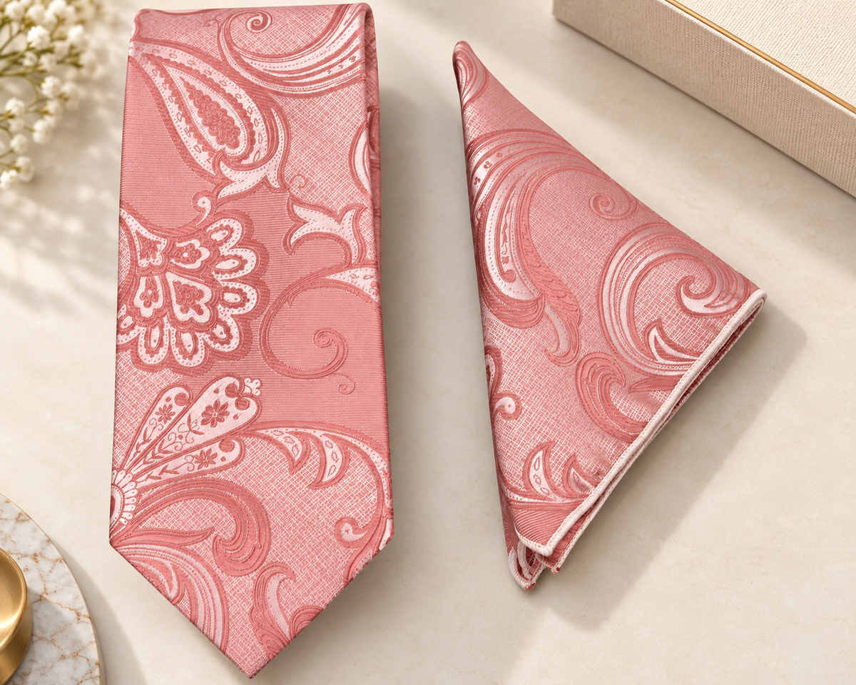 Blush Peach Paisley Microsilk Tie & Pocket Square Set