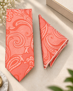 Peach Coral Paisley Microsilk Tie & Pocket Square Set