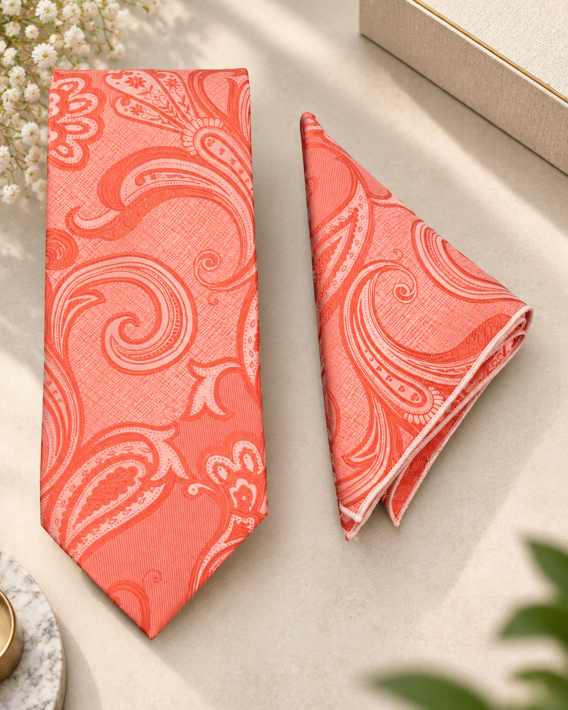 Peach Coral Paisley Microsilk Tie & Pocket Square Set