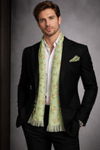 Sage Green And Yellow Floral Printed Scarf With Pocket Square