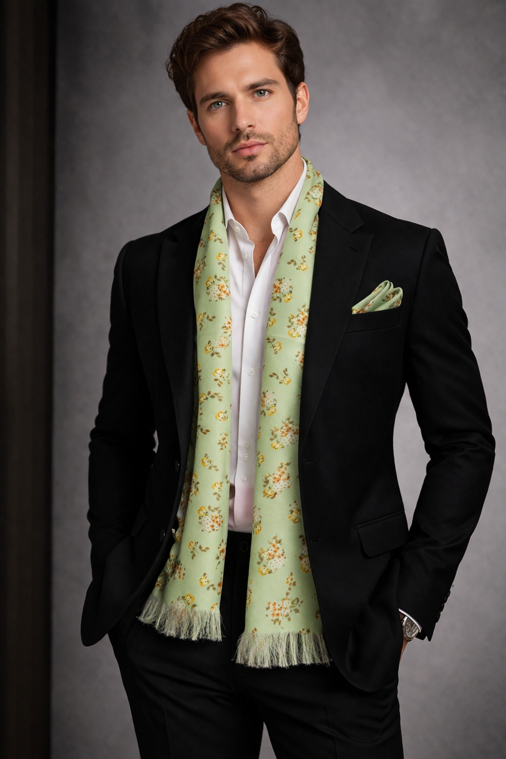 Sage Green And Yellow Floral Printed Scarf With Pocket Square