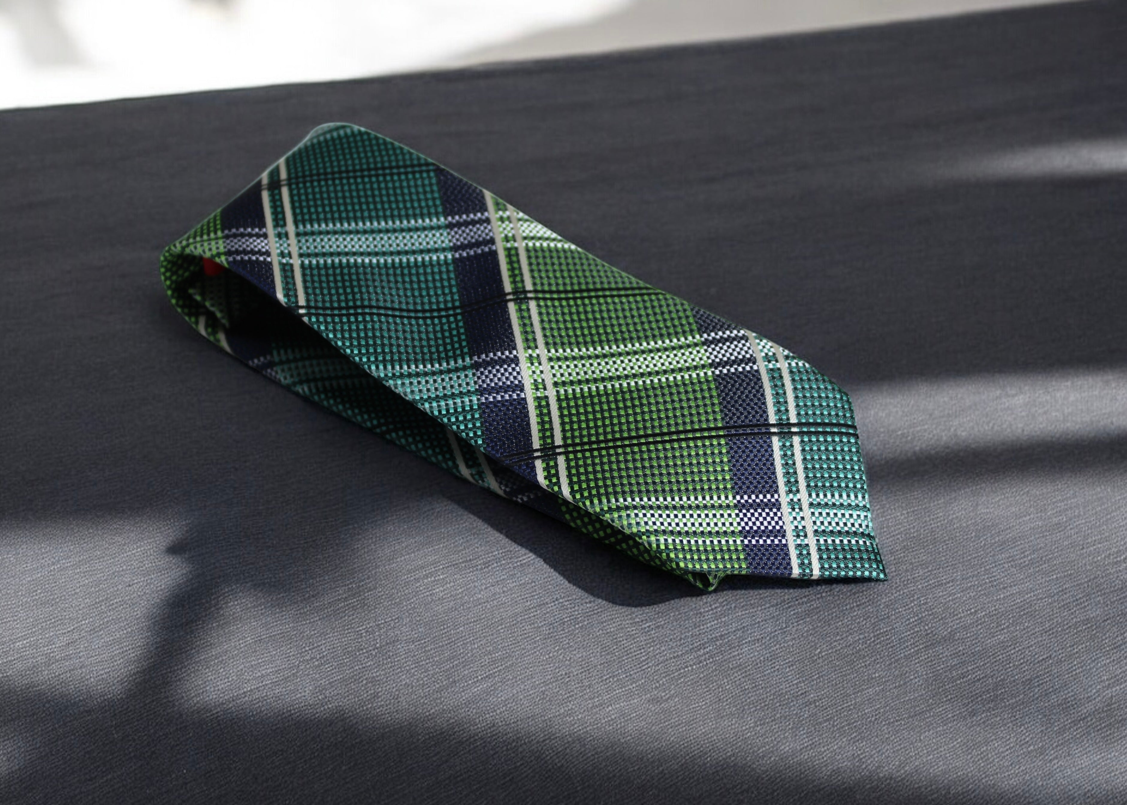 A classic green and blue plaid tie laid out on a flat surface.