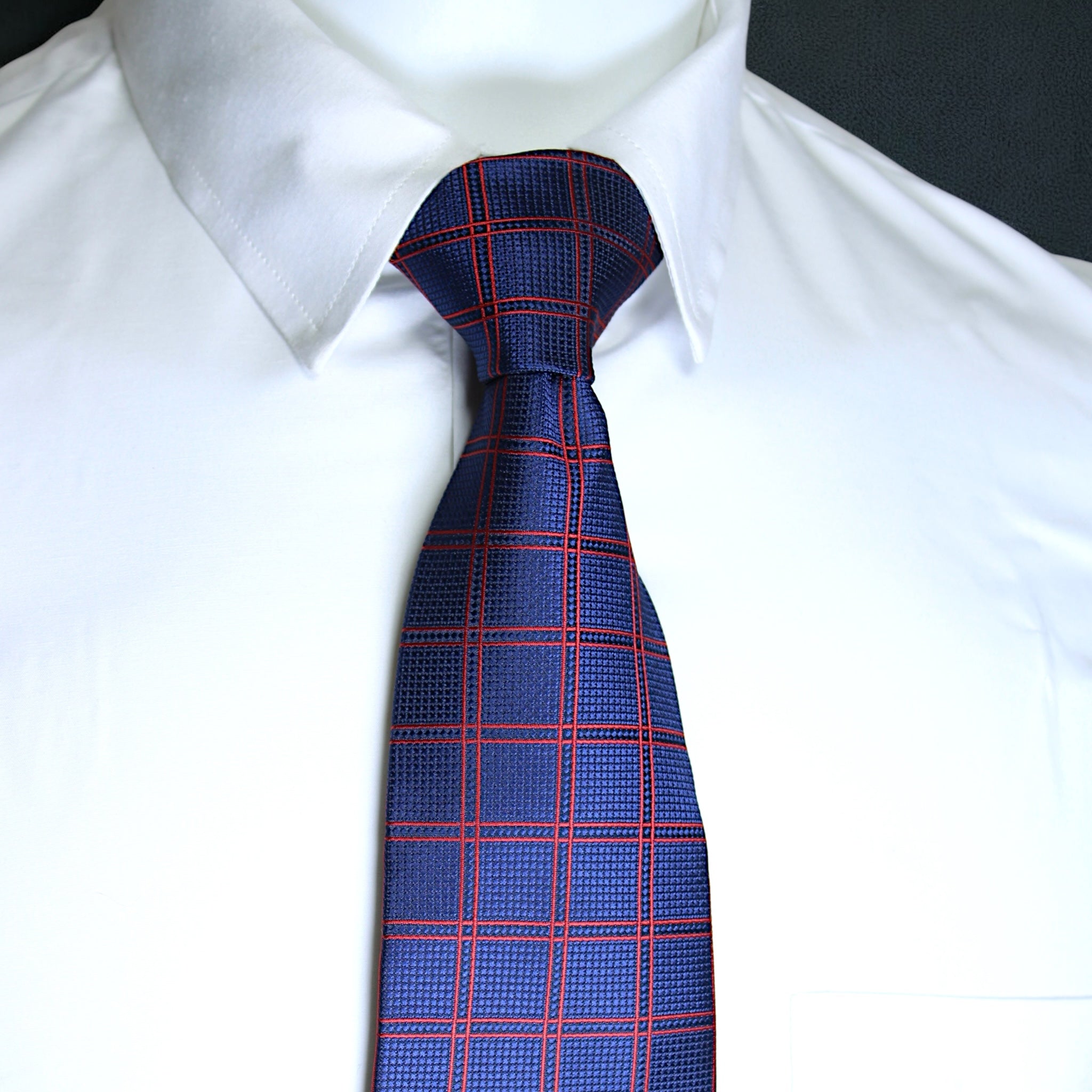 Blue and red checkered tie on a white shirt