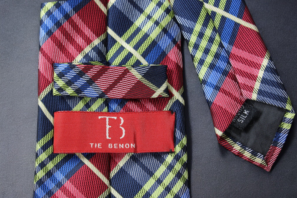 Plaid tie with a red label and 'Tie Benon' branding on a dark background