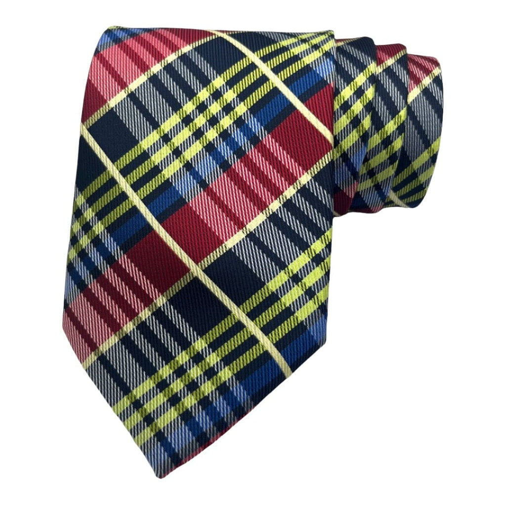 Plaid tie with red, blue, and yellow pattern on a white background