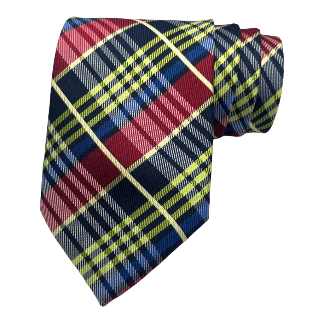 Plaid tie with red, blue, and yellow pattern on a white background