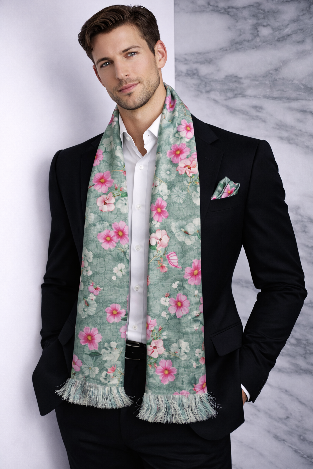 Laurel Green Floral Printed Scarf With Pocket Square
