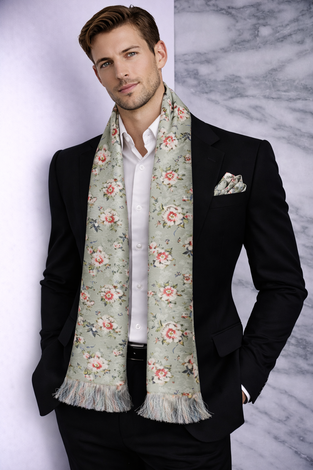 Basil Green Floral Printed Scarf With Pocket Square