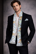 Blue Floral Printed Scarf With Pocket Square