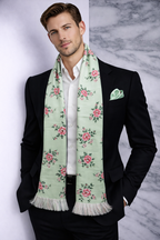 Mint Green Floral Printed Scarf With Pocket Square