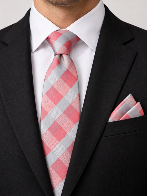Premium Microsilk Diagonal Plaid Tie Set - Pink, Grey & Silver