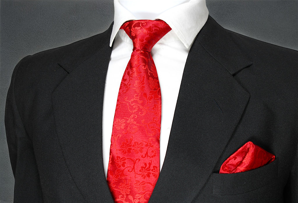Crimson Red Floral Tie & Pocket Square