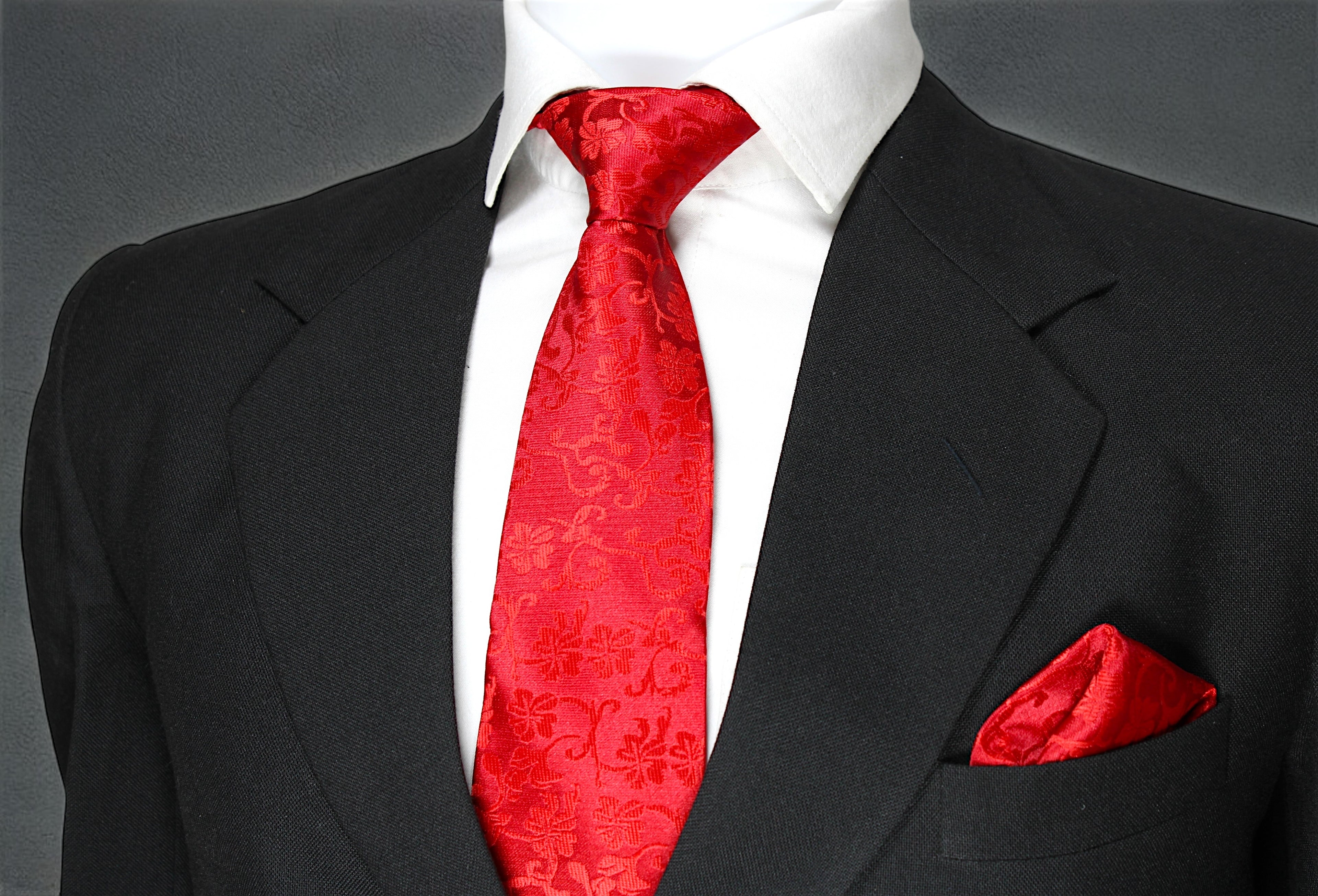 Crimson Red Floral Tie & Pocket Square