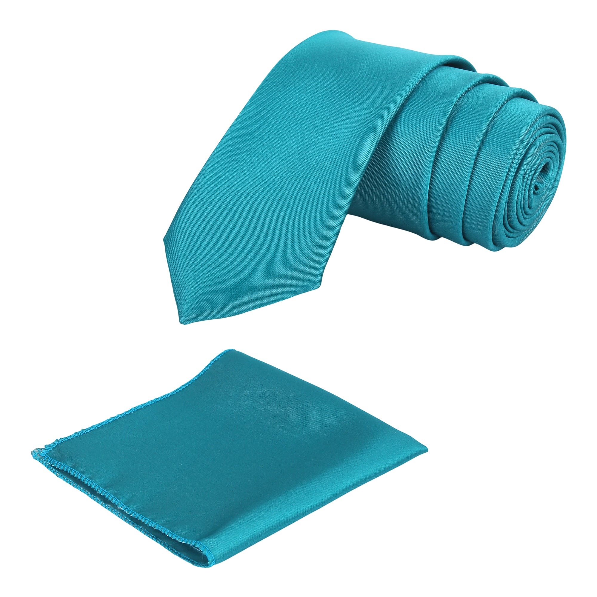 A solid cyan necktie with a matching pocket square, both laid out on a white background.