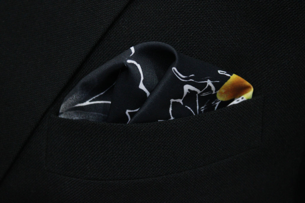 Black and Yellow Artistic Floral Tie With Pocket Square