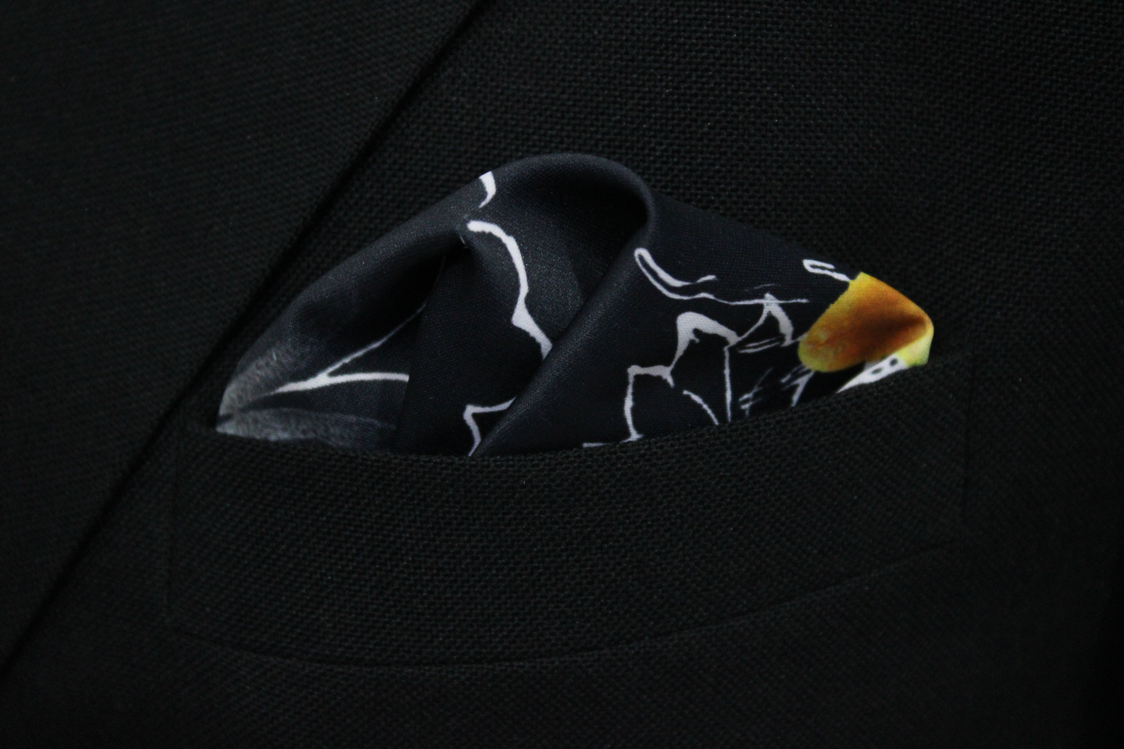 Black and Yellow Artistic Floral Tie With Pocket Square