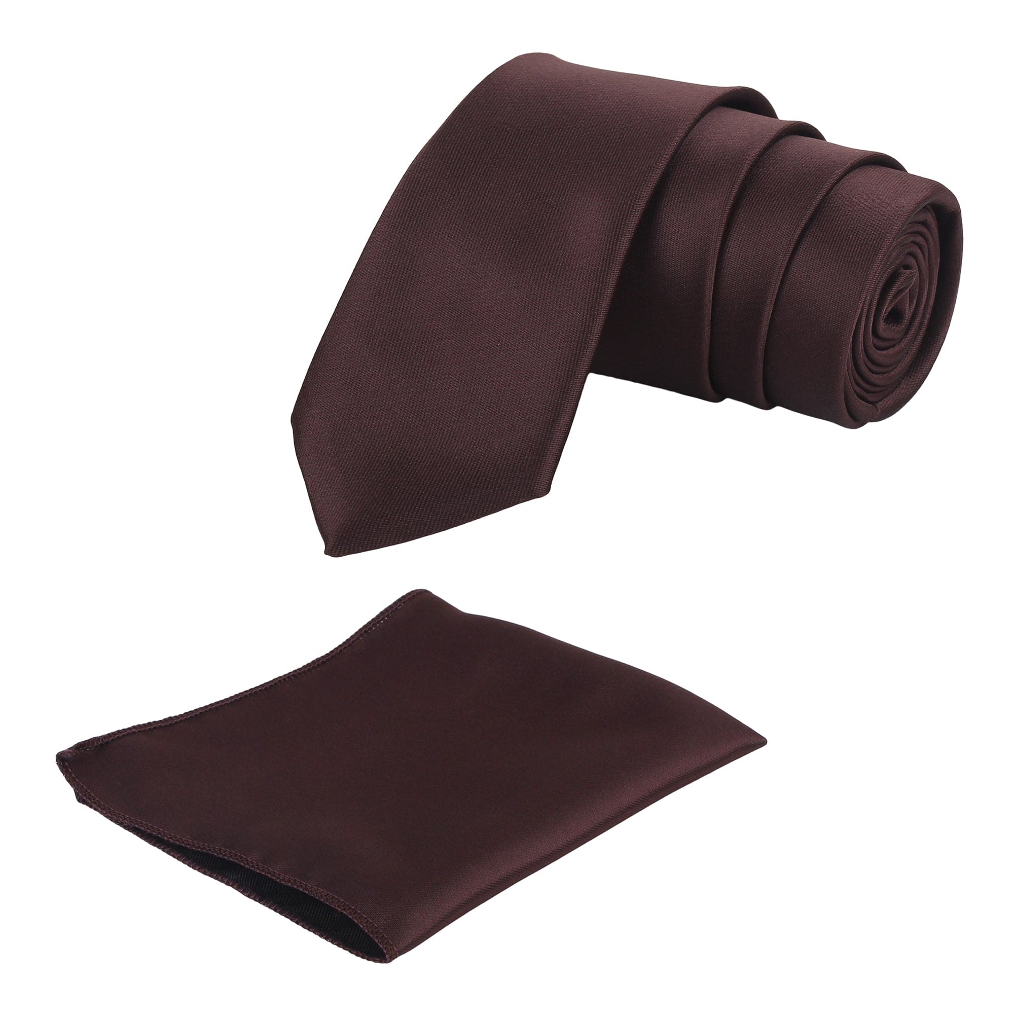A dark brown solid necktie with a matching pocket square, both made of microsilk.