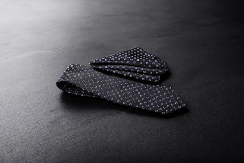A dark purple geometric patterned tie and pocket square set laid out on a dark surface.