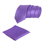 A dark purple solid necktie with a matching pocket square, both laid out on a white background.