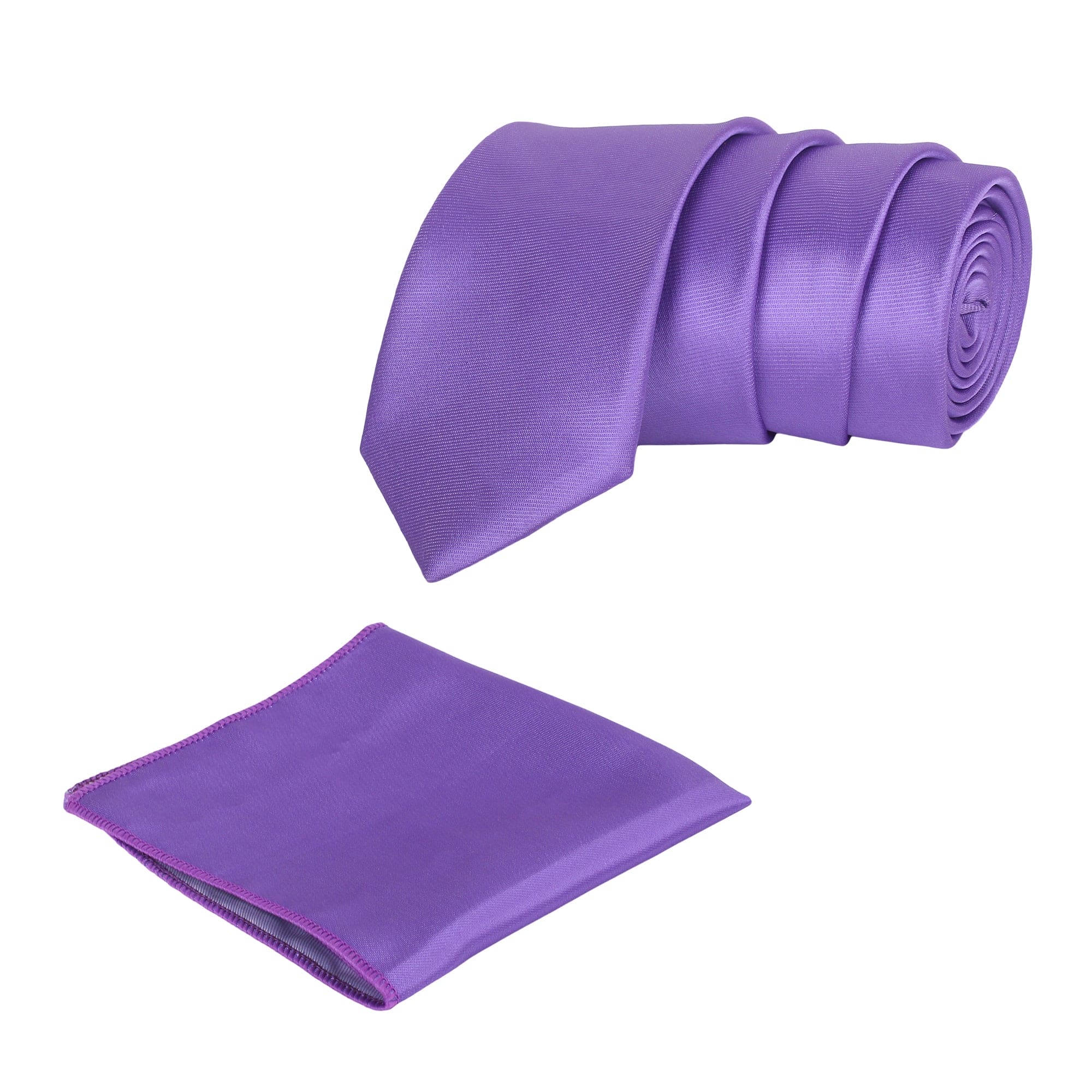 A dark purple solid necktie with a matching pocket square, both laid out on a white background.