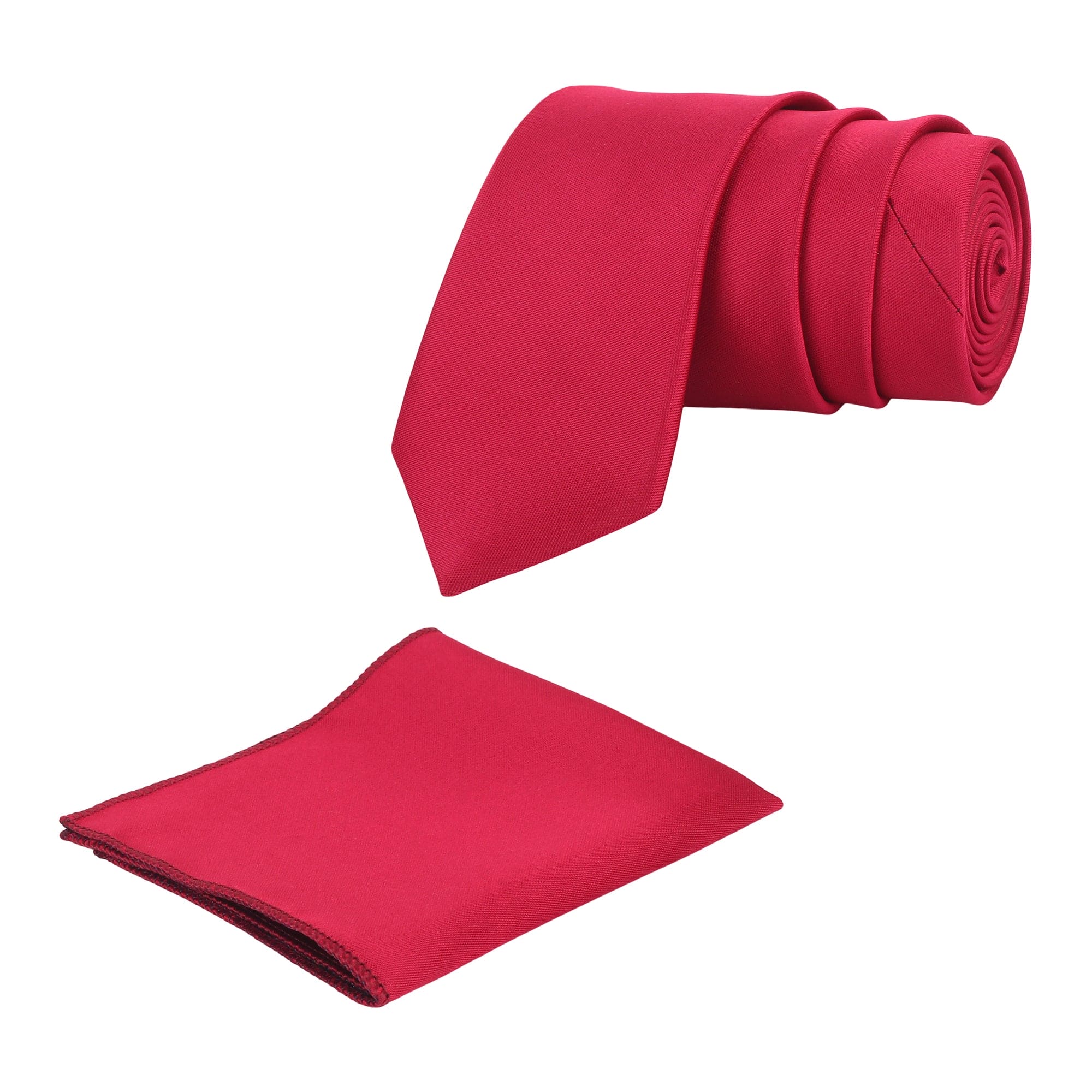 A dark red solid pattern necktie with a matching pocket square, displayed on a white background.