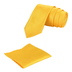 A dark yellow solid necktie with a matching pocket square, displayed on a white background.