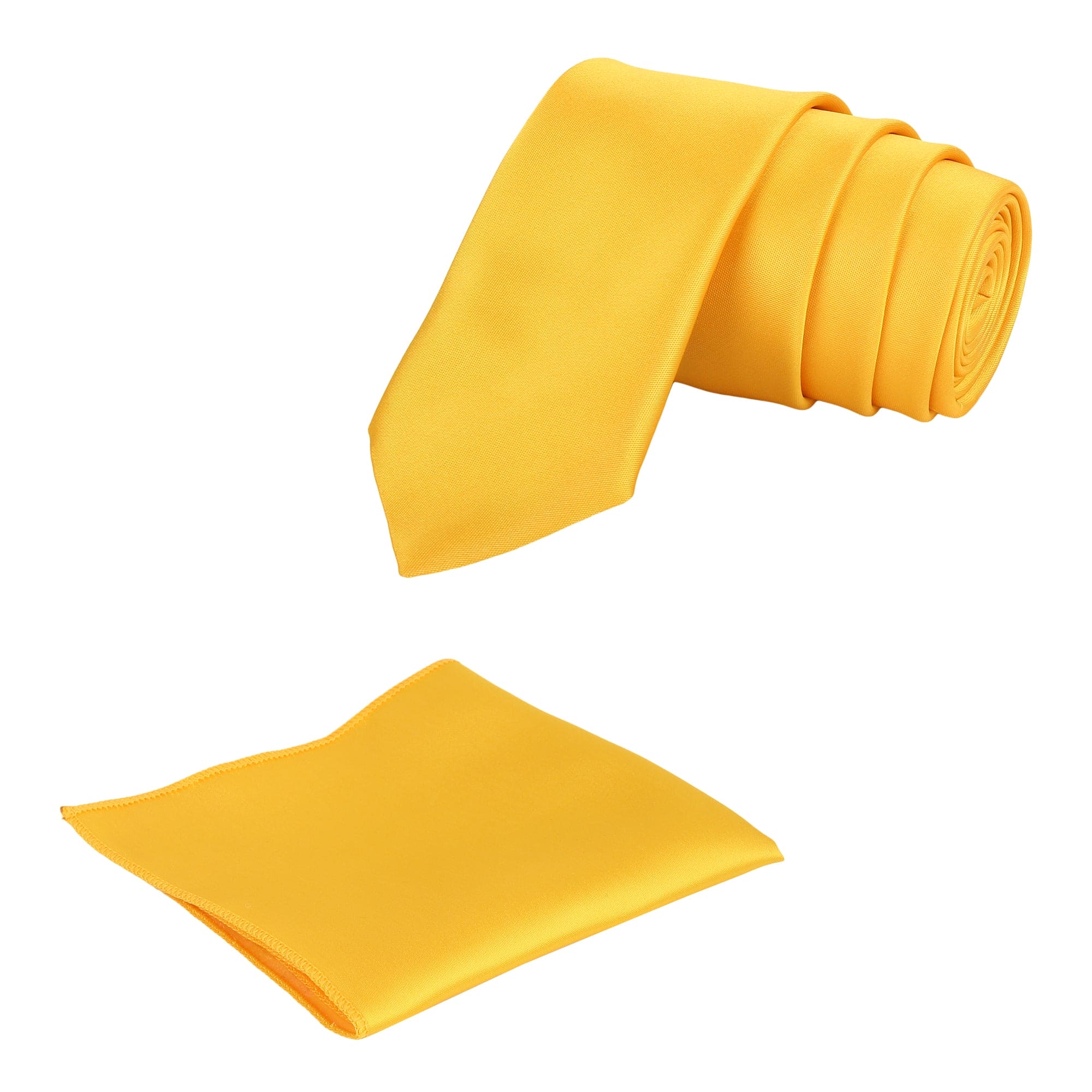 A dark yellow solid necktie with a matching pocket square, displayed on a white background.