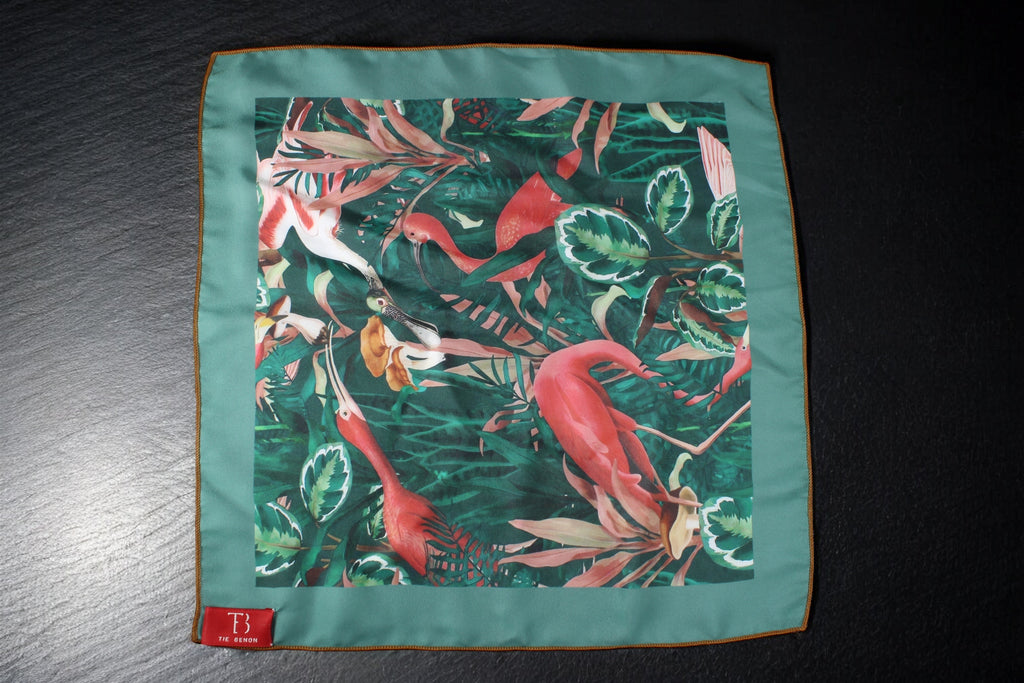 Viridian Green Bird Print Pocket Square