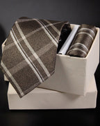 Brown plaid tie and pocket square set in a white box on a dark background Tie Benon
