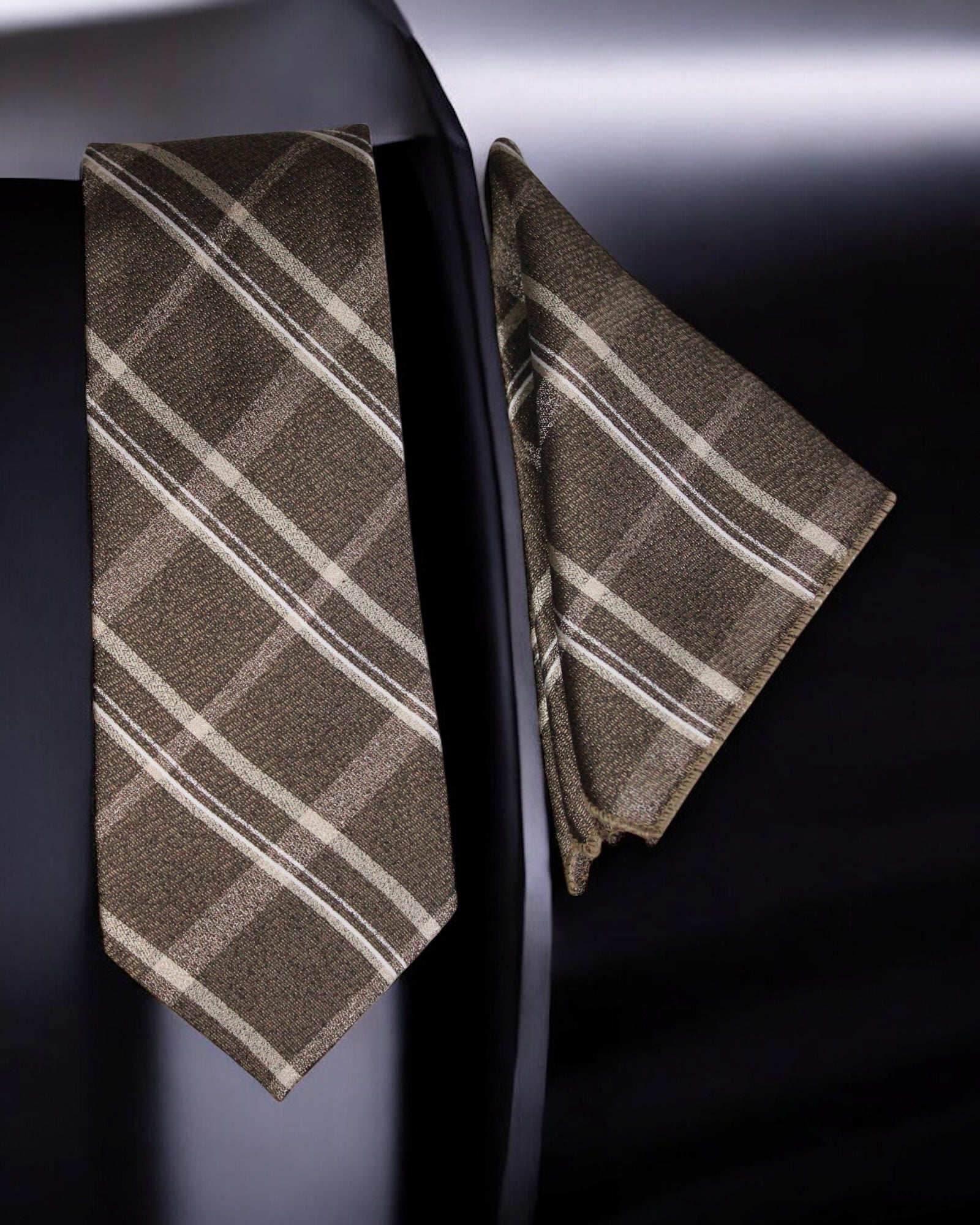 Brown plaid tie and pocket square on a dark background Tie Benon