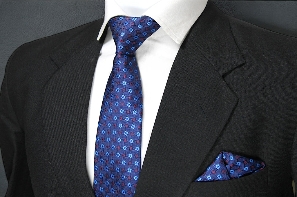 Elegant Dark Blue Geometric Tie & Pocket Square