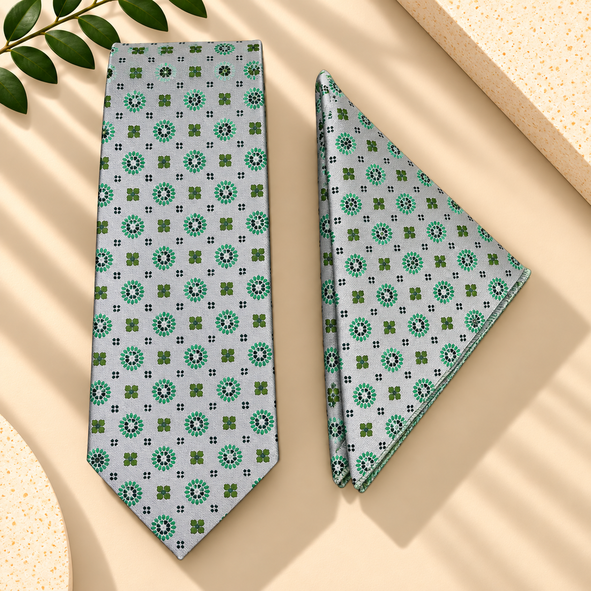 Silver & Green Geometric MicroSilk Necktie Set with Pocket Square