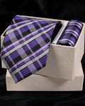 Purple plaid tie and pocket square set on a white box with a black background tie benon