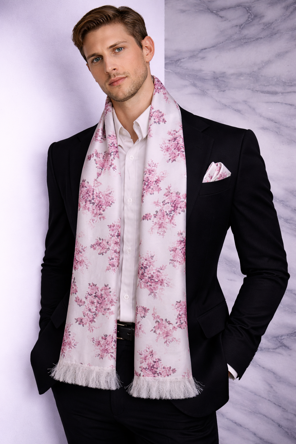 Pink Floral Printed Scarf With Pocket Square