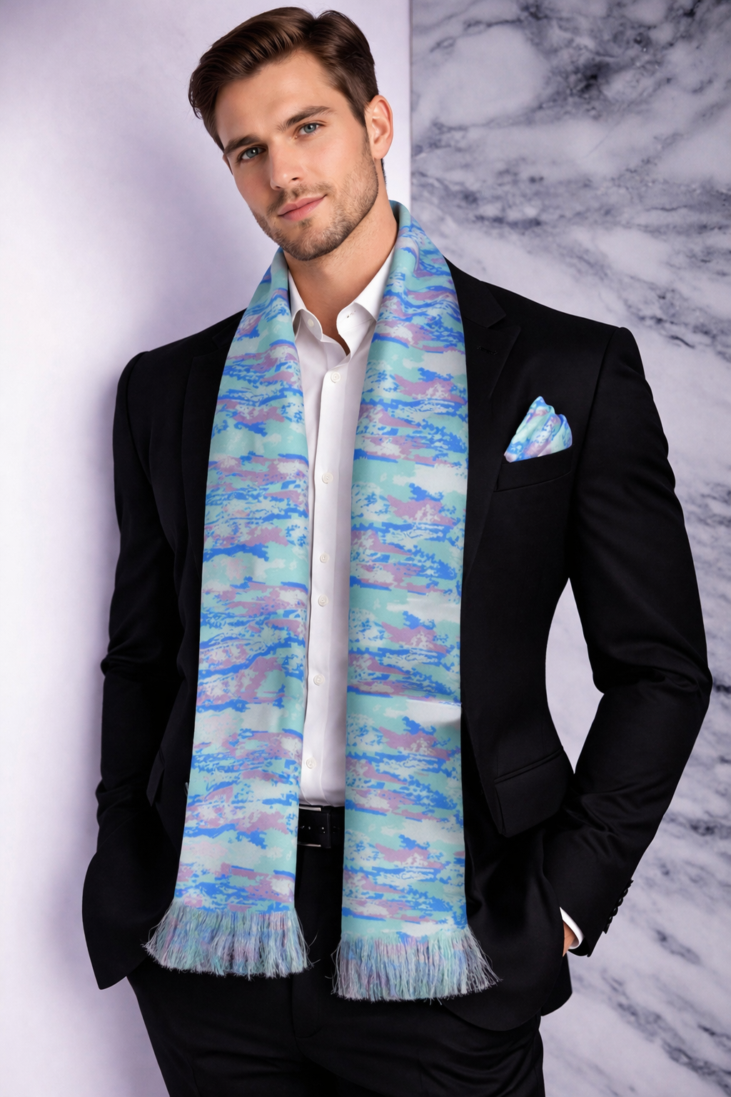 Blue Multicolour Abstract Printed Scarf With Pocket Square