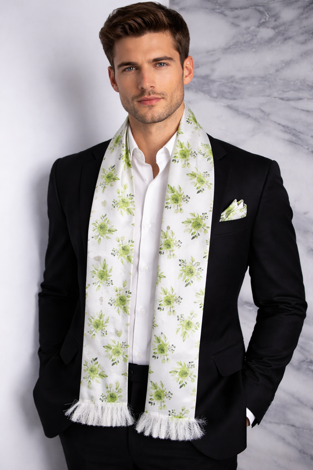 Sage Green Floral Printed Scarf With Pocket Square