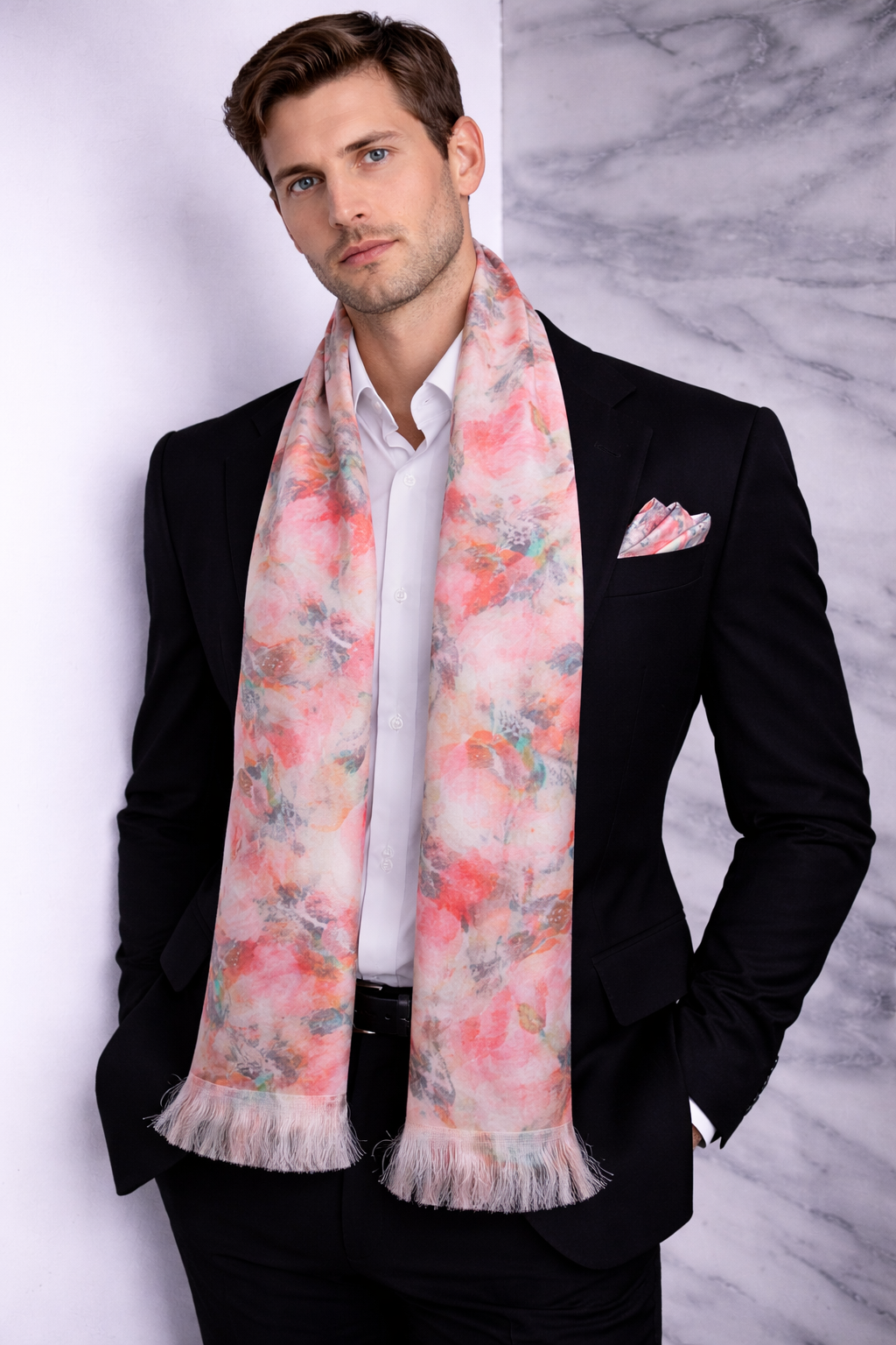 Pink Wavy Printed Scarf With Pocket Square