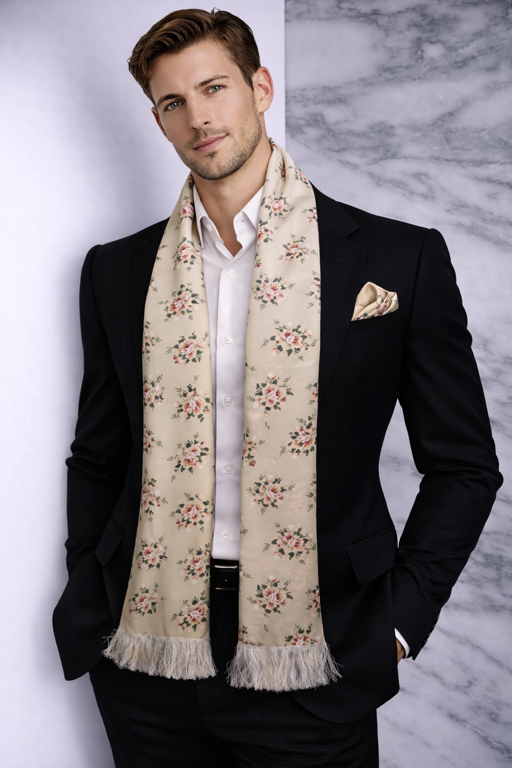 Beige Floral Printed Scarf With Pocket Square
