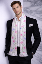 White Floral Printed Scarf With Pocket Square