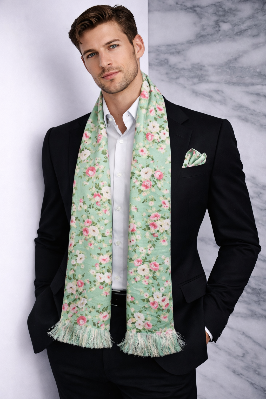 Mint Green Floral Printed Scarf With Pocket Square