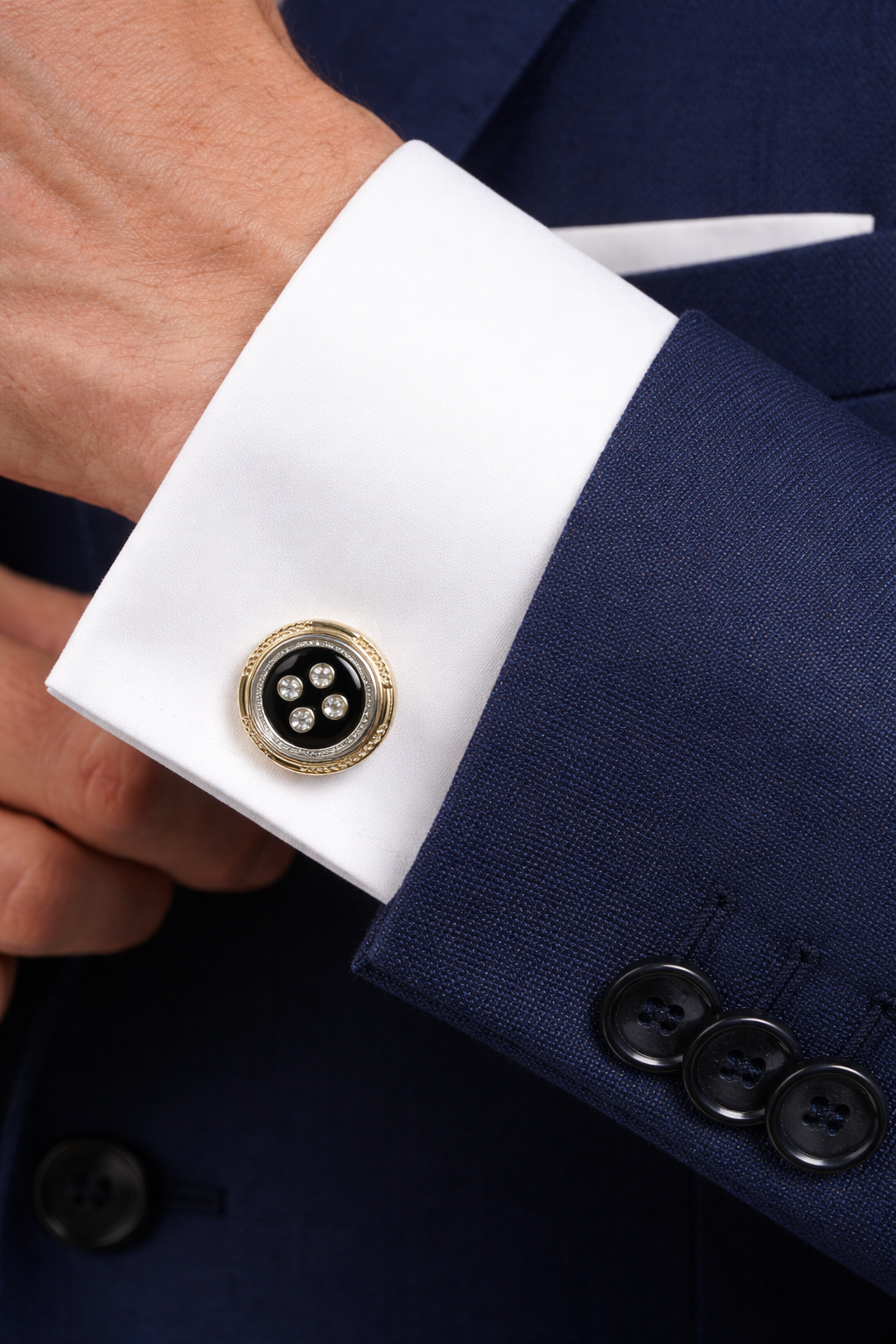 Luxury Gold & Black Crystal Button Cufflinks for Men