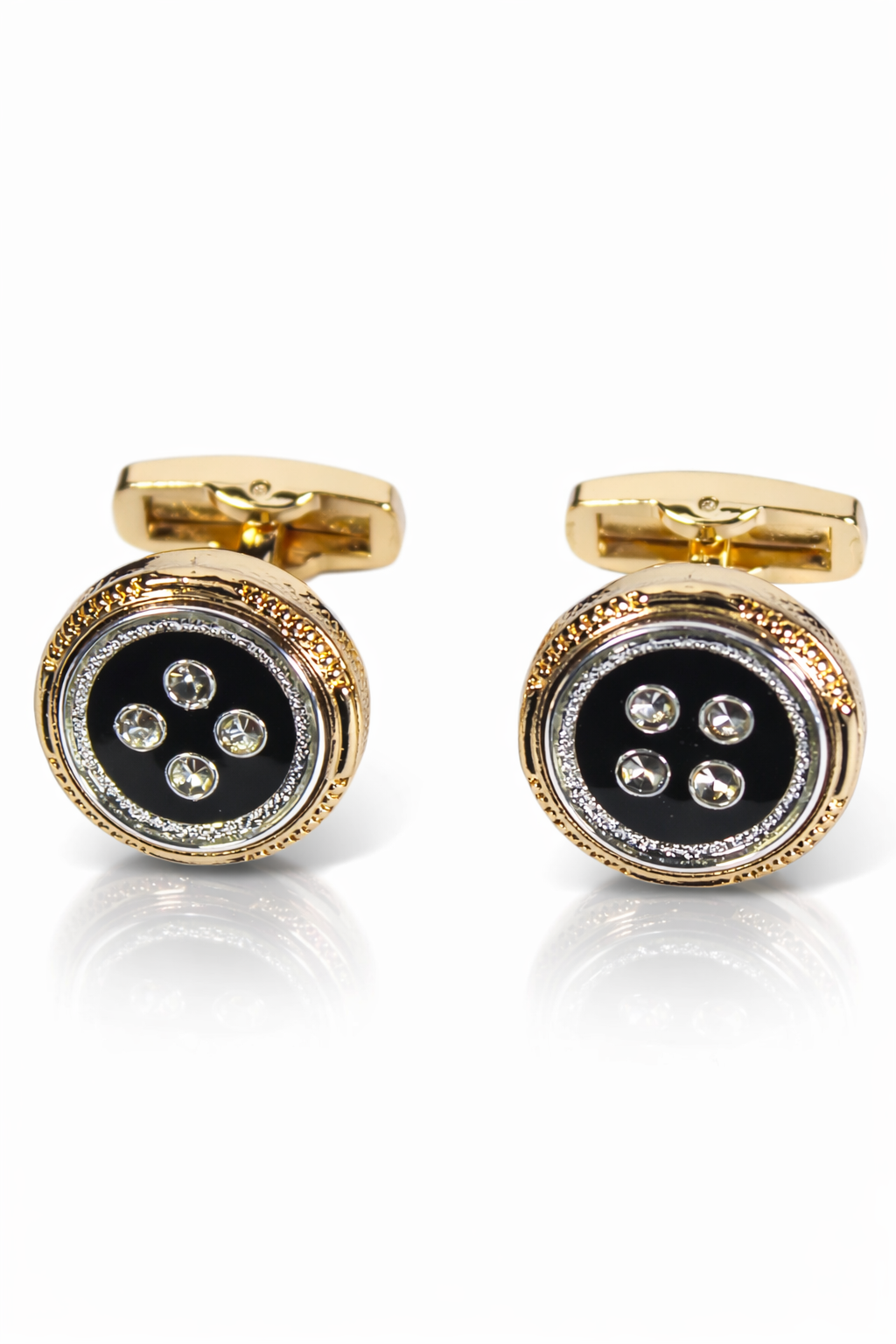 Luxury Gold & Black Crystal Button Cufflinks for Men