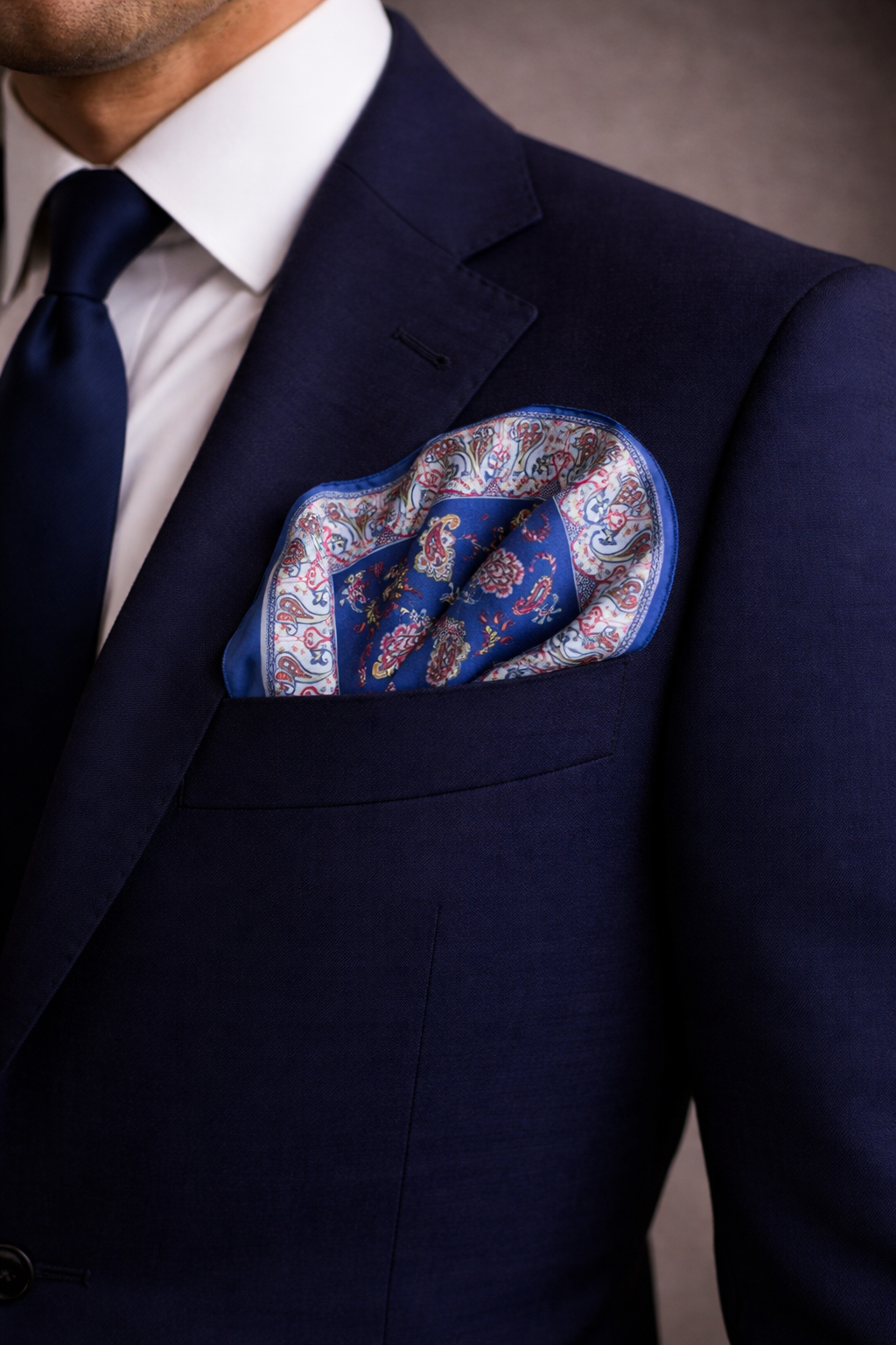 Navy Teal Paisley Printed Pocket Square